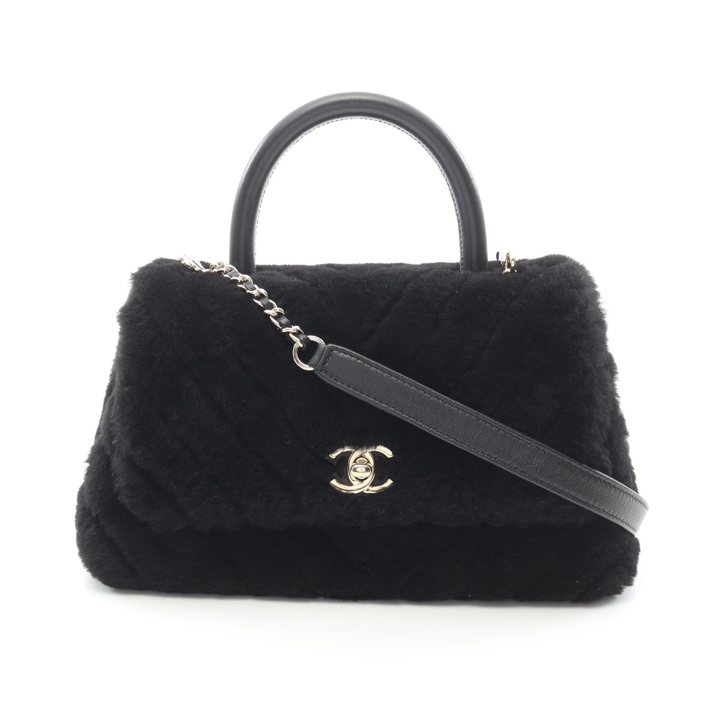 ココハンドル フラップ シェブロン Vステッチ ハンドバッグ ファー ブラック ゴールド金具 2WAY シャネル バッグ CHANEL
