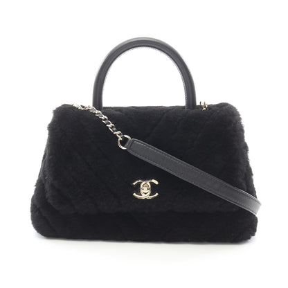ココハンドル フラップ シェブロン Vステッチ ハンドバッグ ファー ブラック ゴールド金具 2WAY シャネル バッグ CHANEL