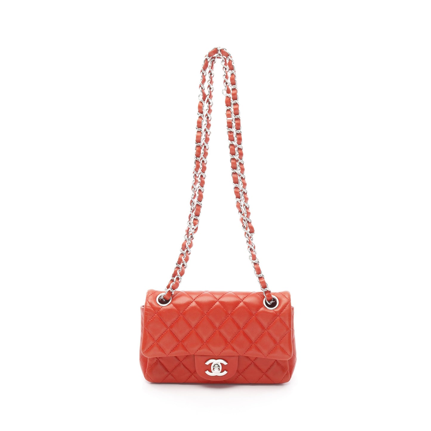 マトラッセ Wチェーンショルダーバッグ ラムスキン レッド シルバー金具 シャネル バッグ CHANEL