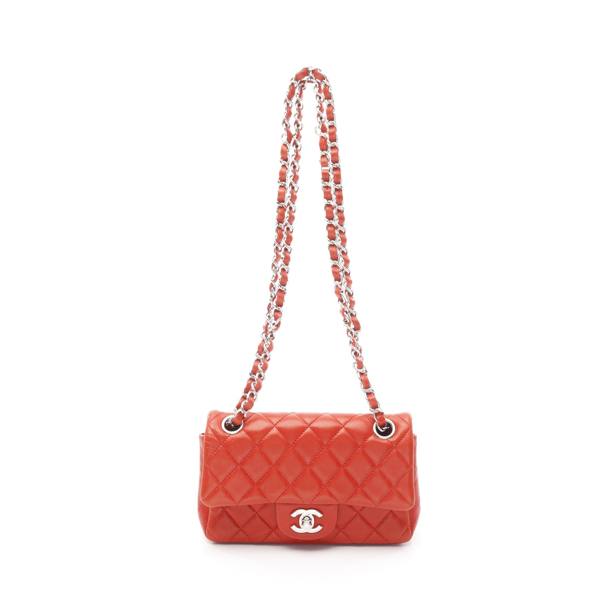マトラッセ Wチェーンショルダーバッグ ラムスキン レッド シルバー金具 シャネル バッグ CHANEL