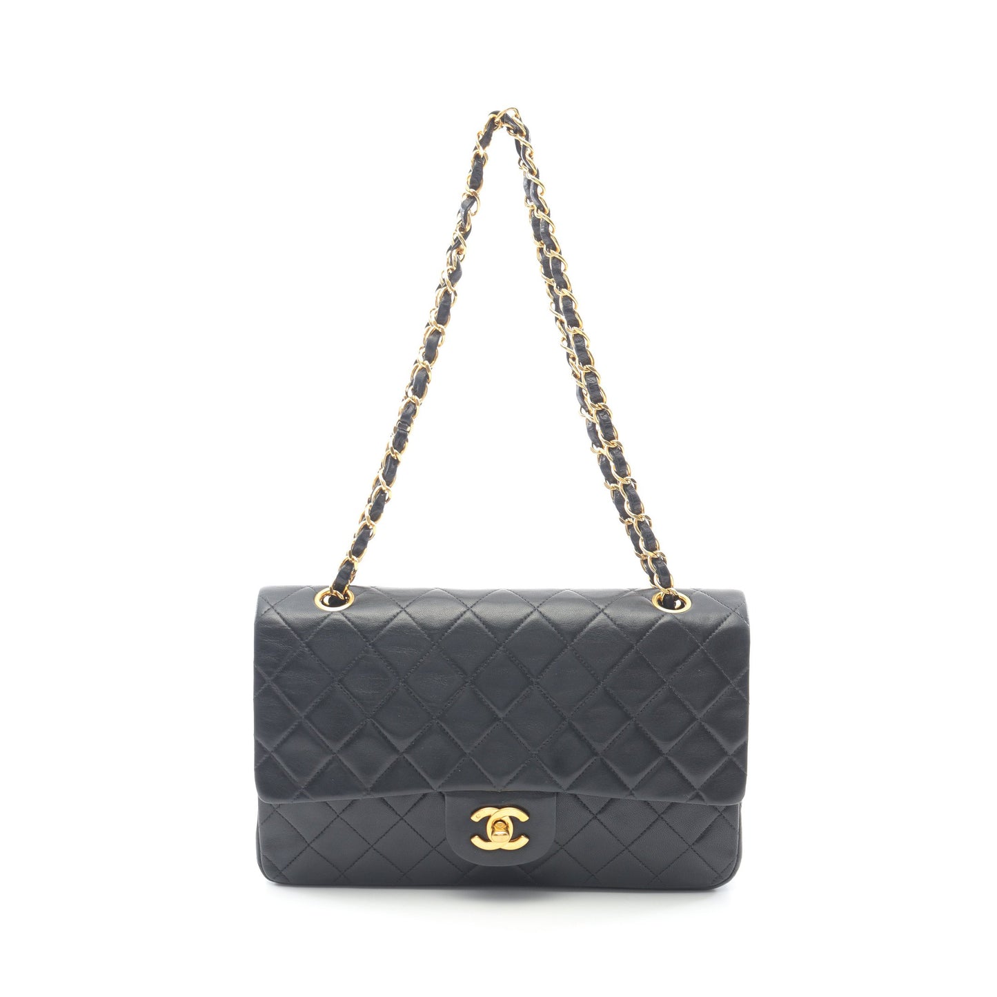 マトラッセ Wフラップ Wチェーンショルダーバッグ ラムスキン ブラック ゴールド金具 ヴィンテージ シャネル バッグ CHANEL