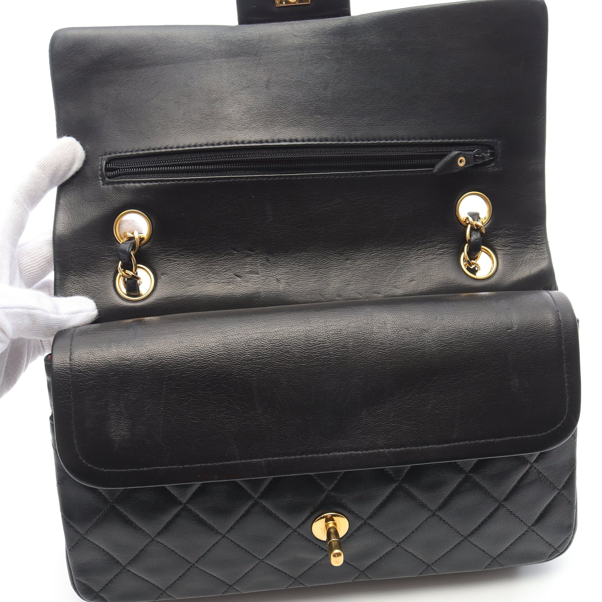 マトラッセ Wフラップ Wチェーンショルダーバッグ ラムスキン ブラック ゴールド金具 ヴィンテージ シャネル バッグ CHANEL