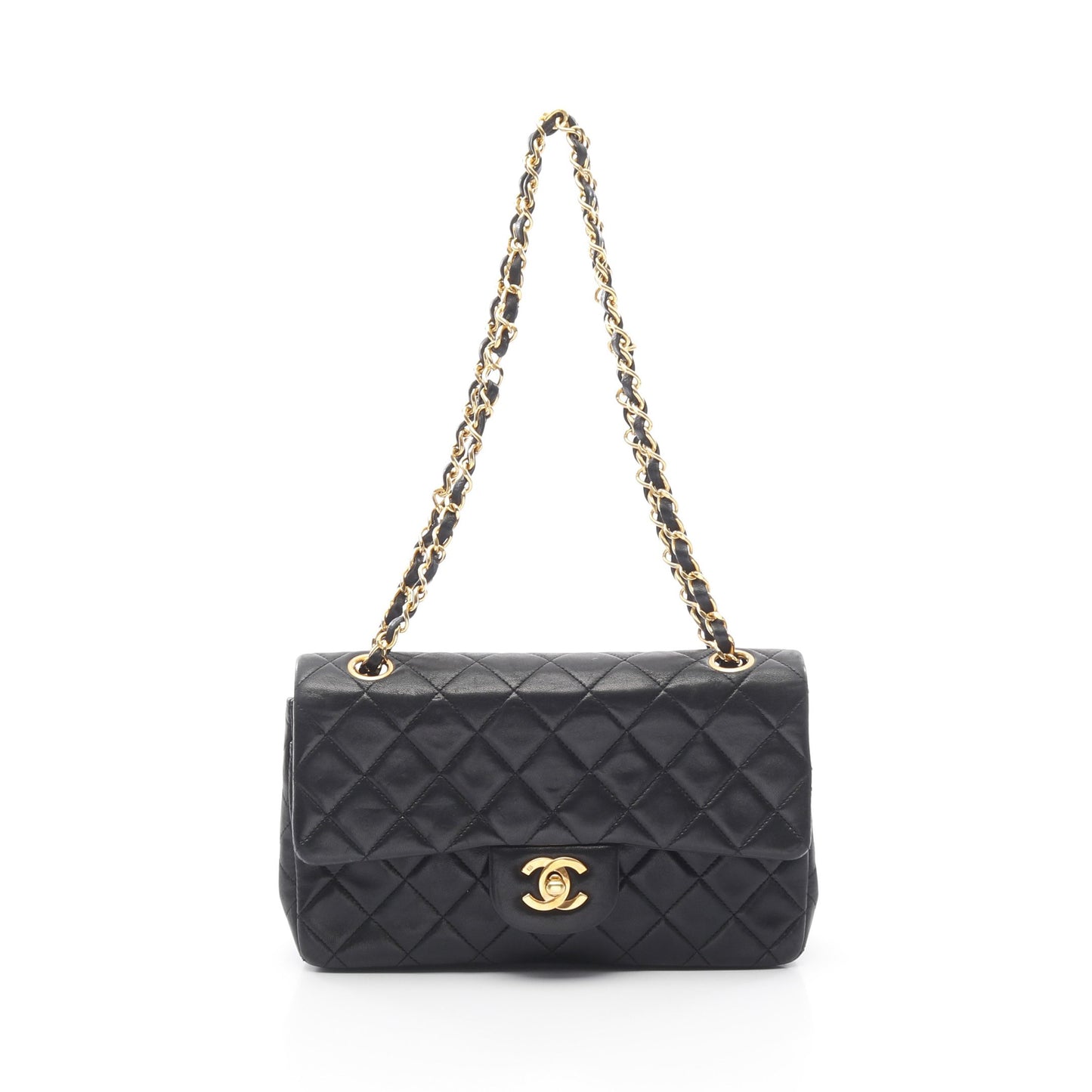 マトラッセ Wフラップ Wチェーンショルダーバッグ ラムスキン ブラック ゴールド金具 ヴィンテージ シャネル バッグ CHANEL