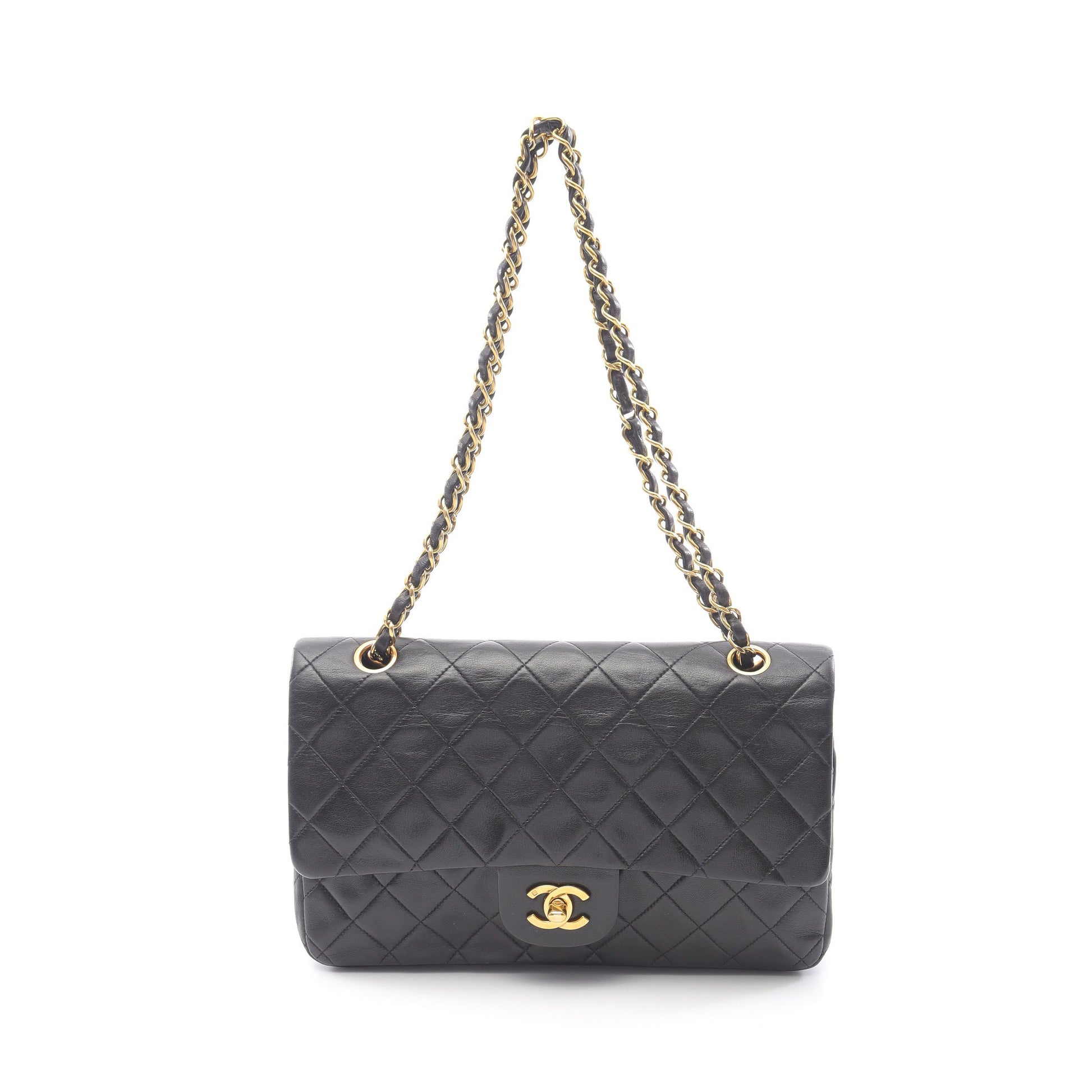 マトラッセ Wフラップ Wチェーンショルダーバッグ ラムスキン ブラック ゴールド金具 シャネル バッグ CHANEL