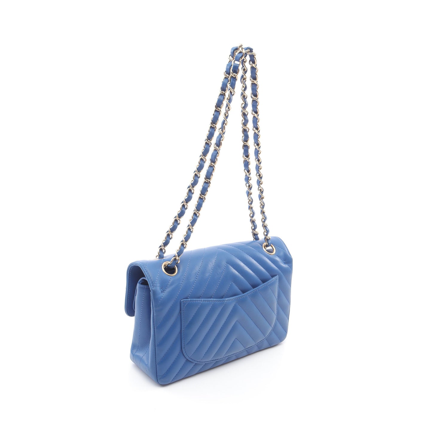 シェブロン Vステッチ Wフラップ Wチェーンショルダーバッグ ラムスキン ブルー ゴールド金具 シャネル バッグ CHANEL
