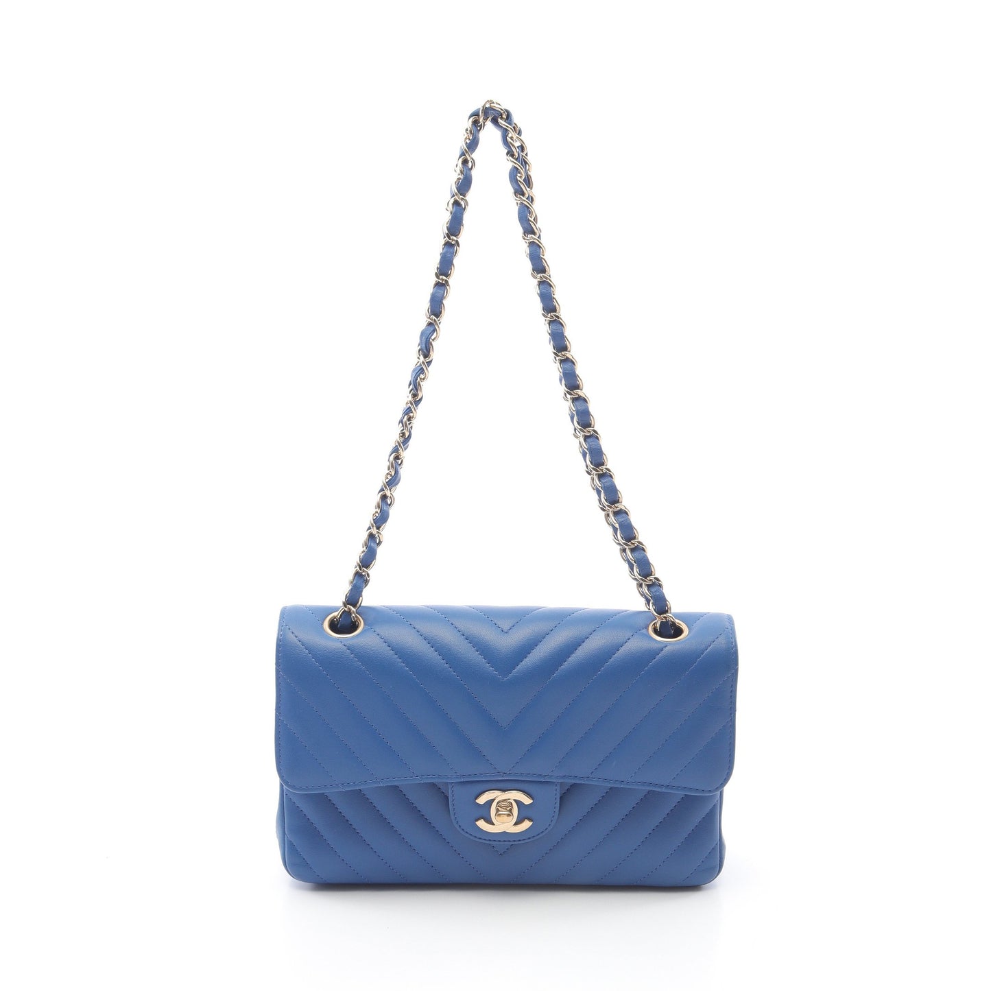 シェブロン Vステッチ Wフラップ Wチェーンショルダーバッグ ラムスキン ブルー ゴールド金具 シャネル バッグ CHANEL