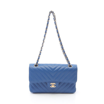 シェブロン Vステッチ Wフラップ Wチェーンショルダーバッグ ラムスキン ブルー ゴールド金具 シャネル バッグ CHANEL