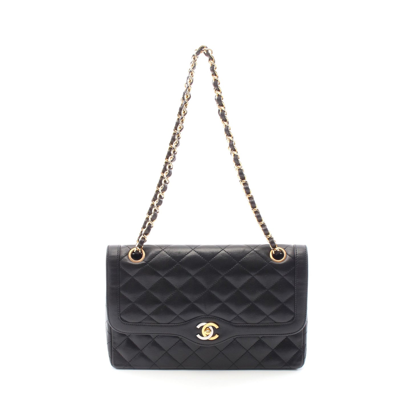 マトラッセ パリ限定 Wフラップ Wチェーンショルダーバッグ ラムスキン ブラック コンビ金具 シャネル バッグ CHANEL