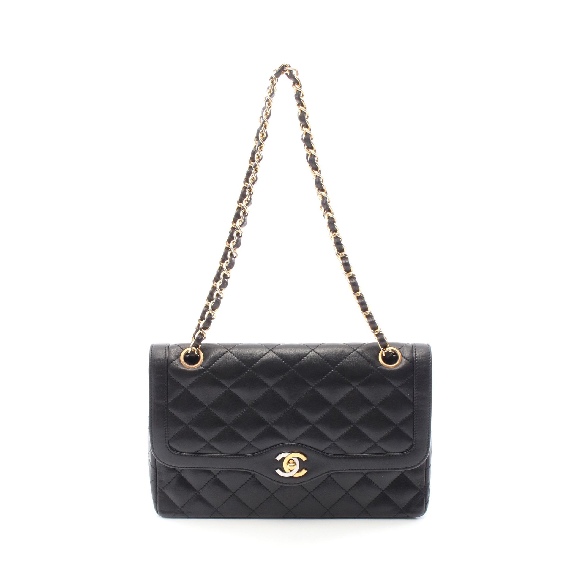 マトラッセ パリ限定 Wフラップ Wチェーンショルダーバッグ ラムスキン ブラック コンビ金具 シャネル バッグ CHANEL