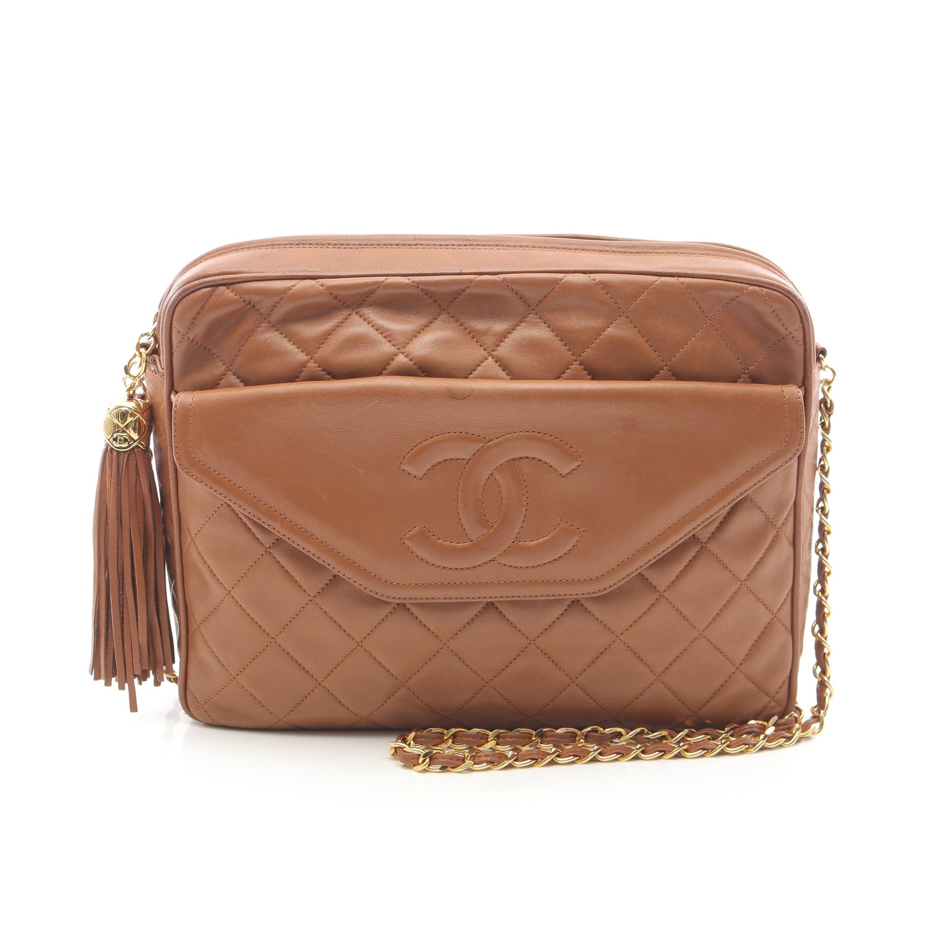 マトラッセ チェーンショルダーバッグ ラムスキン ライトブラウン ゴールド金具 シャネル バッグ CHANEL
