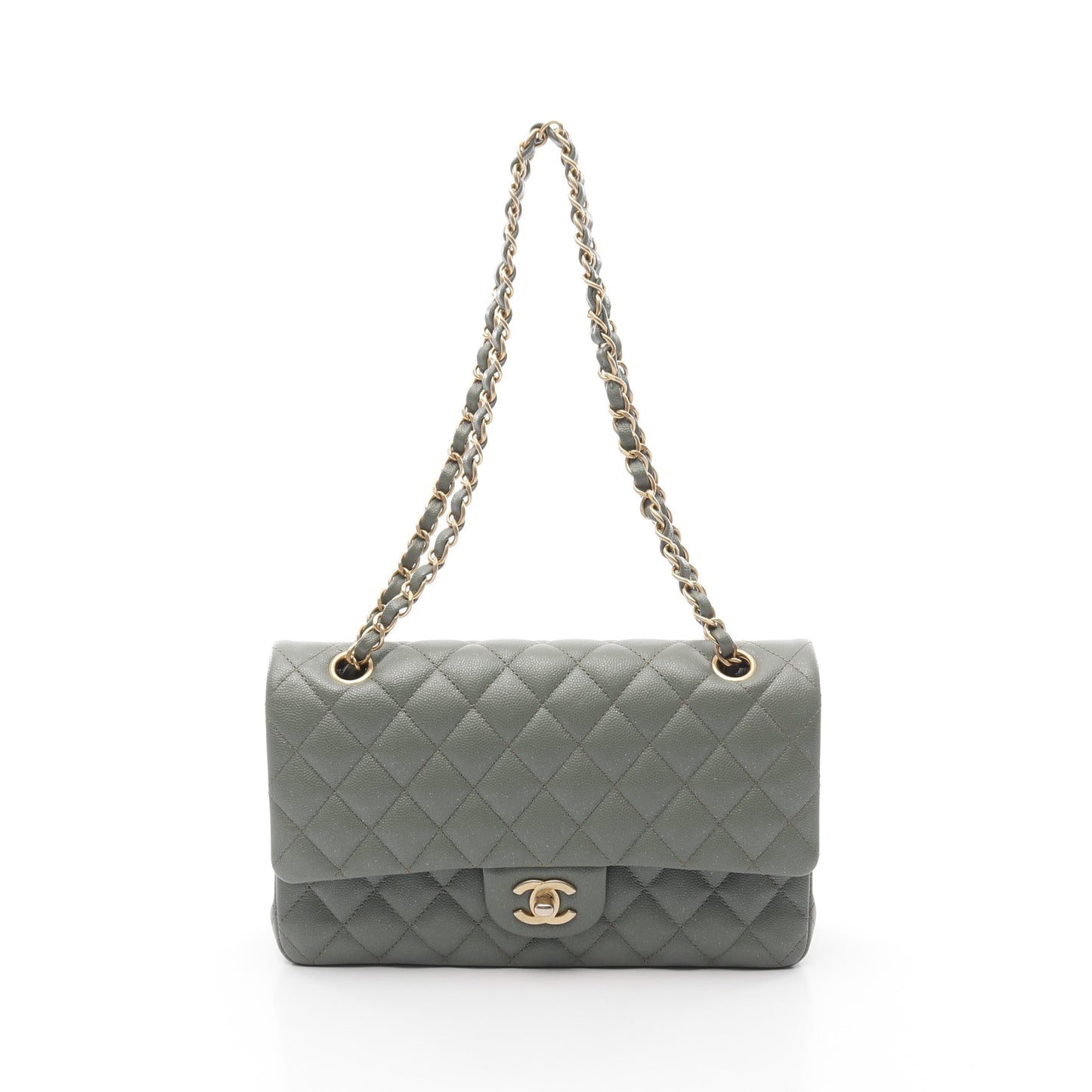 マトラッセ Wフラップ Wチェーンショルダーバッグ キャビアスキン ライトグリーン ゴールド金具 シャネル バッグ CHANEL