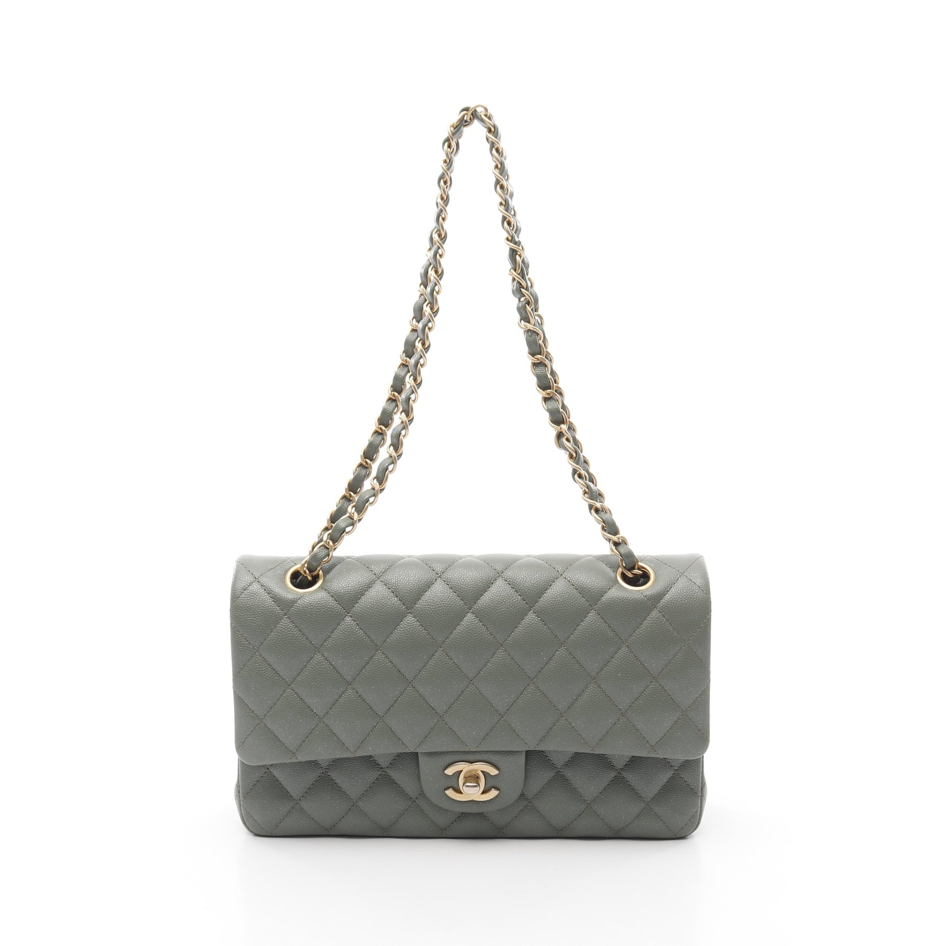 マトラッセ Wフラップ Wチェーンショルダーバッグ キャビアスキン ライトグリーン ゴールド金具 シャネル バッグ CHANEL