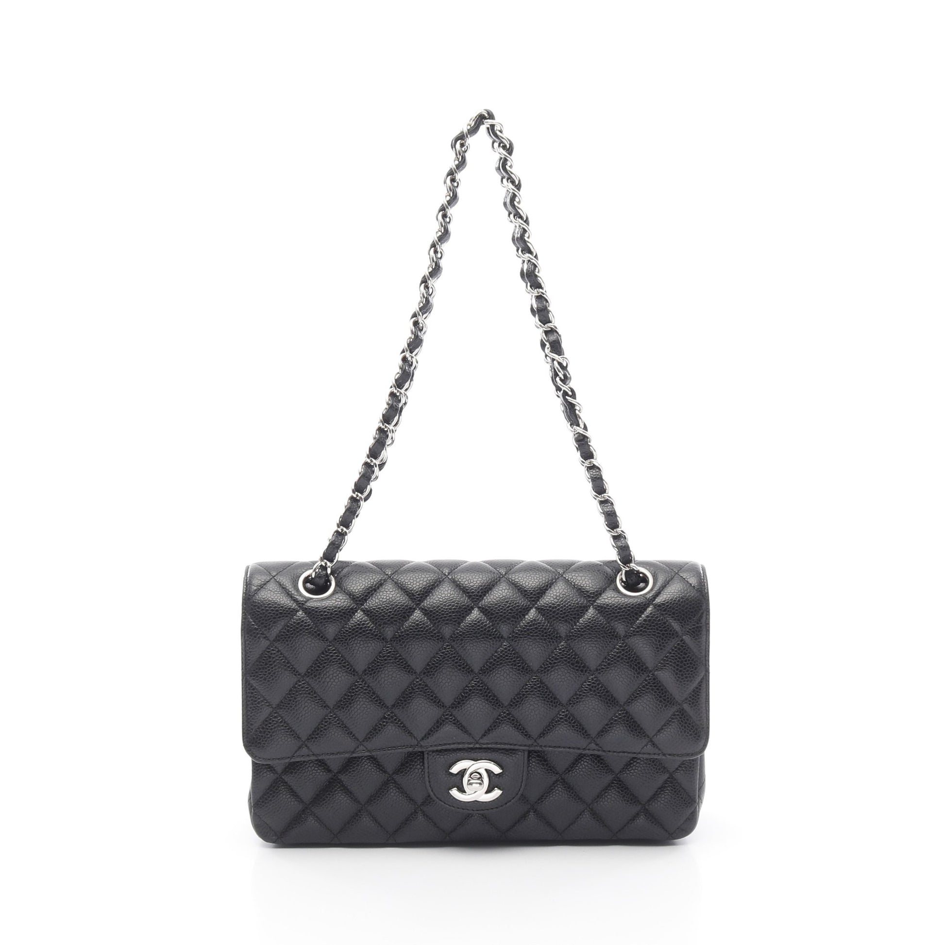 マトラッセ Wフラップ Wチェーンショルダーバッグ キャビアスキン ブラック シルバー金具 シャネル バッグ CHANEL