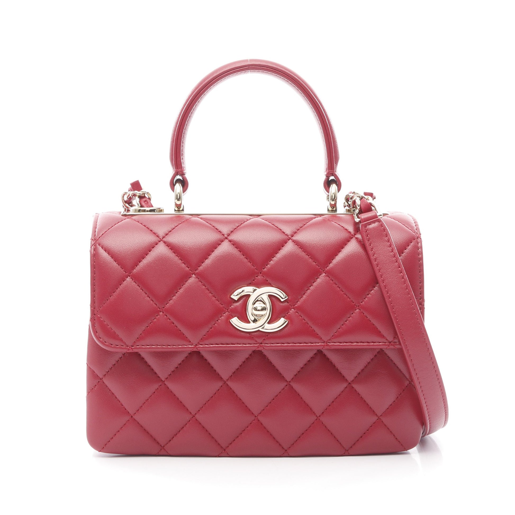 トレンディCC トップハンドル チェーンショルダーバッグ ラムスキン ピンクレッド ゴールド金具 2WAY シャネル バッグ CHANEL