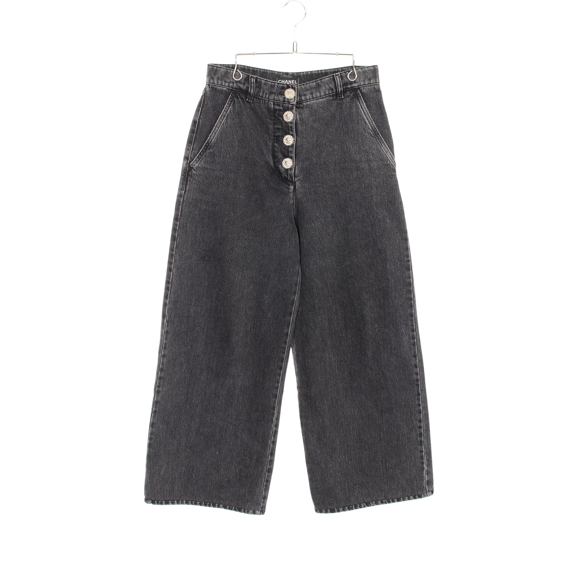 ワイド デニムパンツ ライオンボタン コットン グレー シャネル ボトムス CHANEL