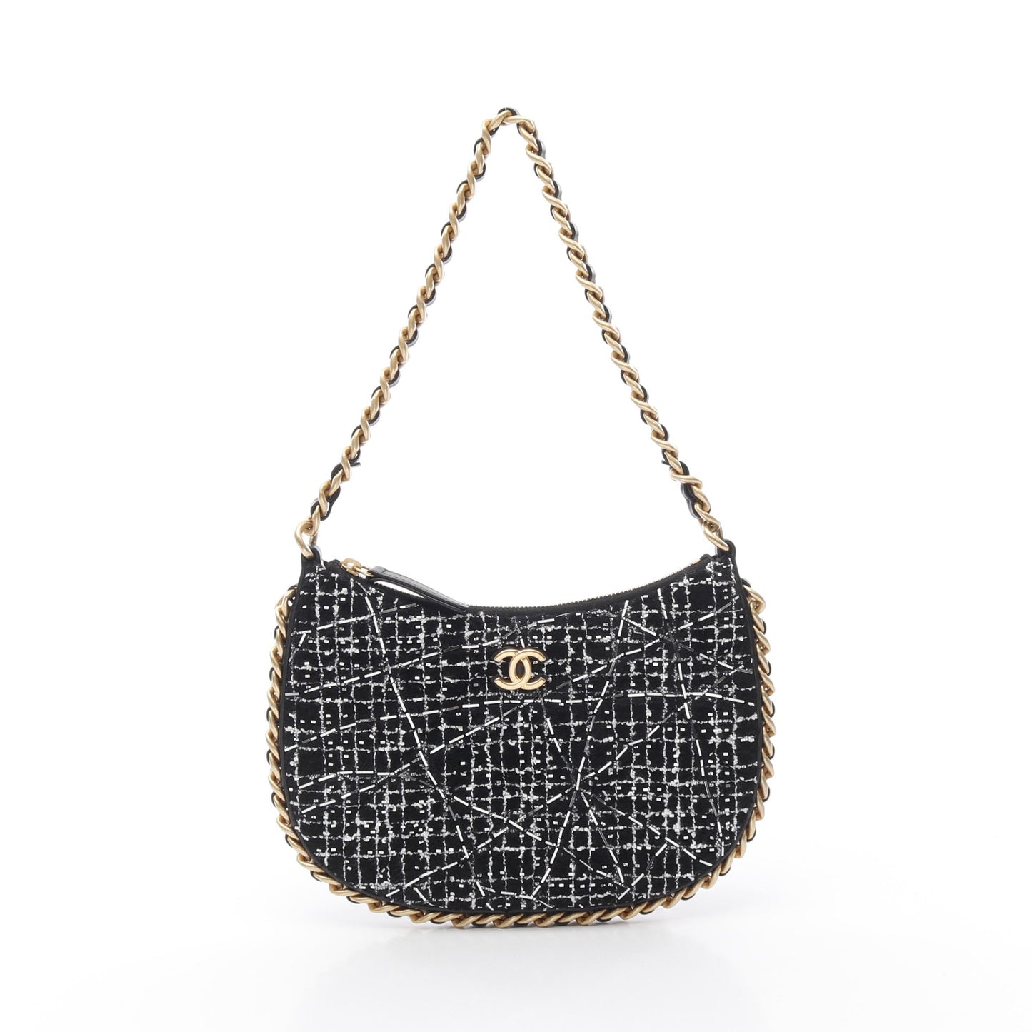 チェーンショルダーバッグ ラメ ツイード ブラック ホワイト シルバー ゴールド金具 シャネル バッグ CHANEL