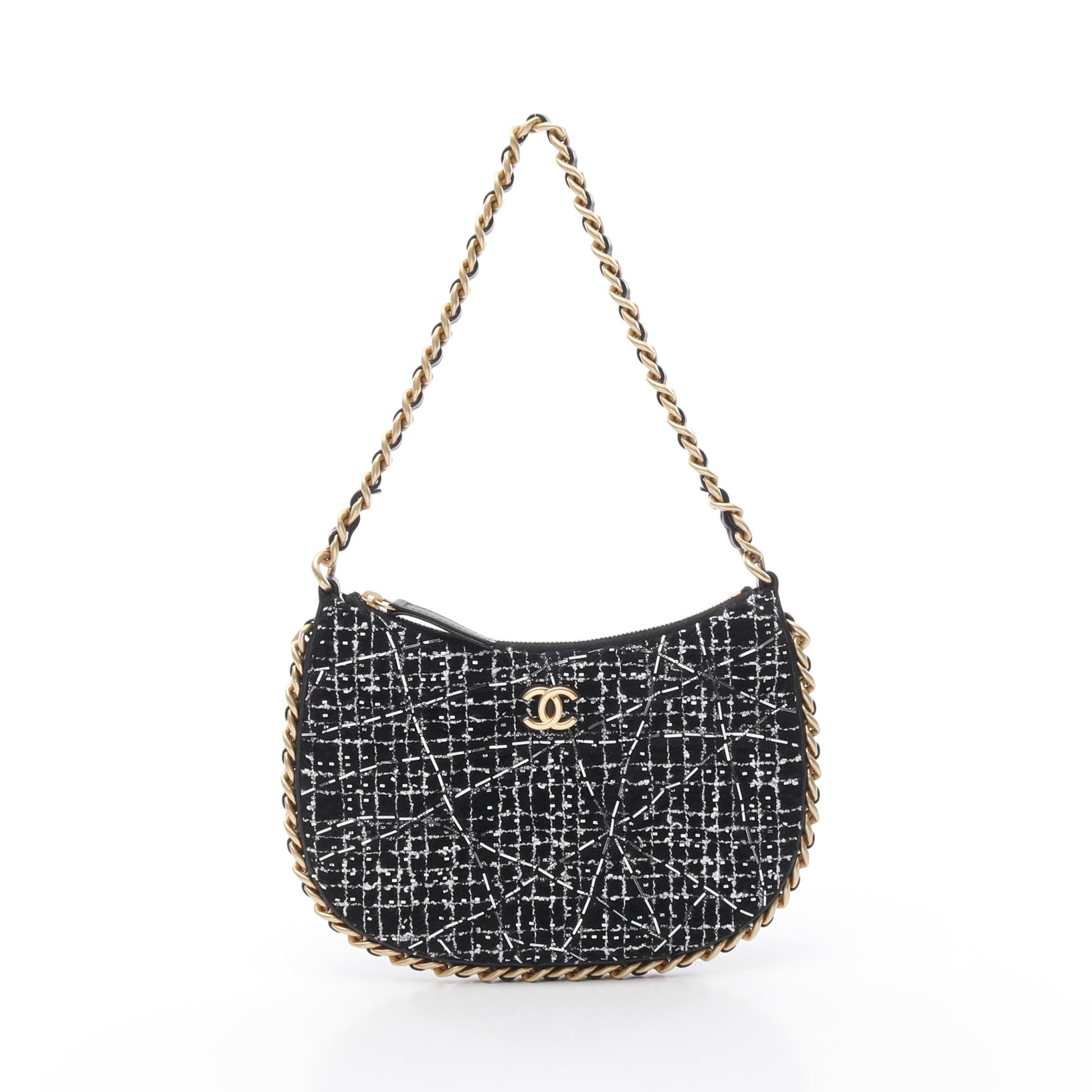 チェーンショルダーバッグ ラメ ツイード ブラック ホワイト シルバー ゴールド金具 シャネル バッグ CHANEL