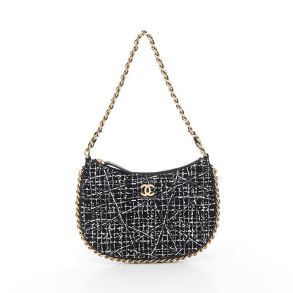 チェーンショルダーバッグ ラメ ツイード ブラック ホワイト シルバー ゴールド金具 シャネル バッグ CHANEL
