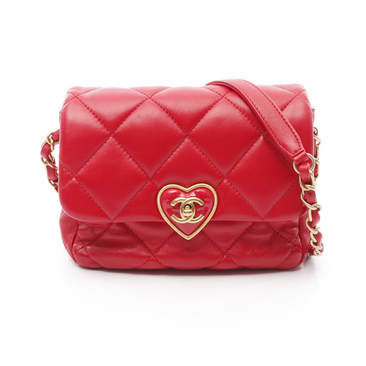 マトラッセ ハートロック チェーンショルダーバッグ ラムスキン レッド ゴールド金具 シャネル バッグ CHANEL