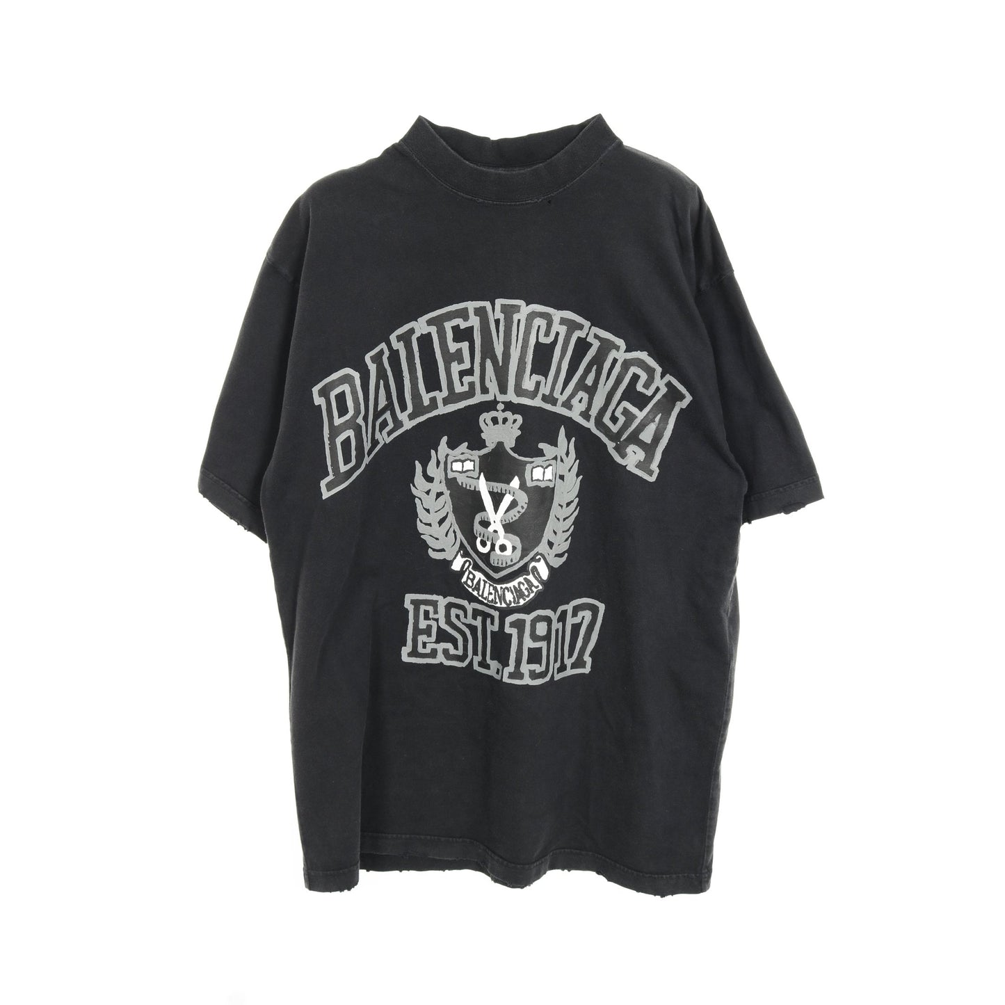 カレッジロゴ Tシャツ クルーネック 半袖 コットン ブラック グレー ユーズド加工 バレンシアガ トップス BALENCIAGA