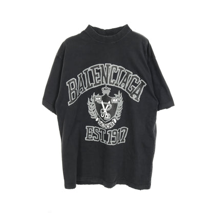 カレッジロゴ Tシャツ クルーネック 半袖 コットン ブラック グレー ユーズド加工 バレンシアガ トップス BALENCIAGA