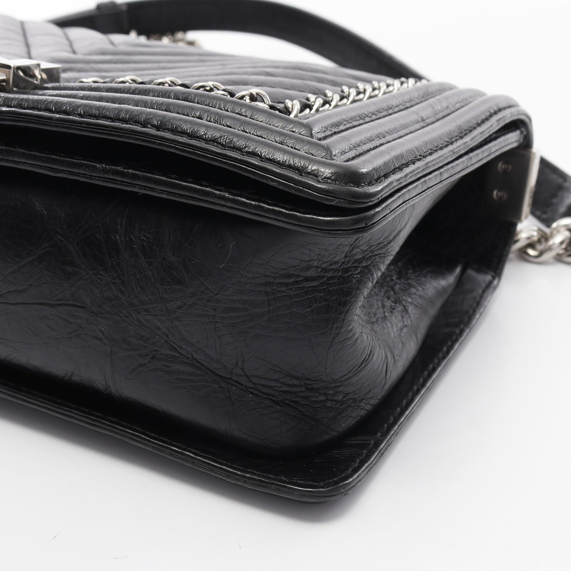 ボーイシャネル シェブロン Vステッチ チェーンショルダーバッグ レザー ブラック シルバー金具 シャネル バッグ CHANEL