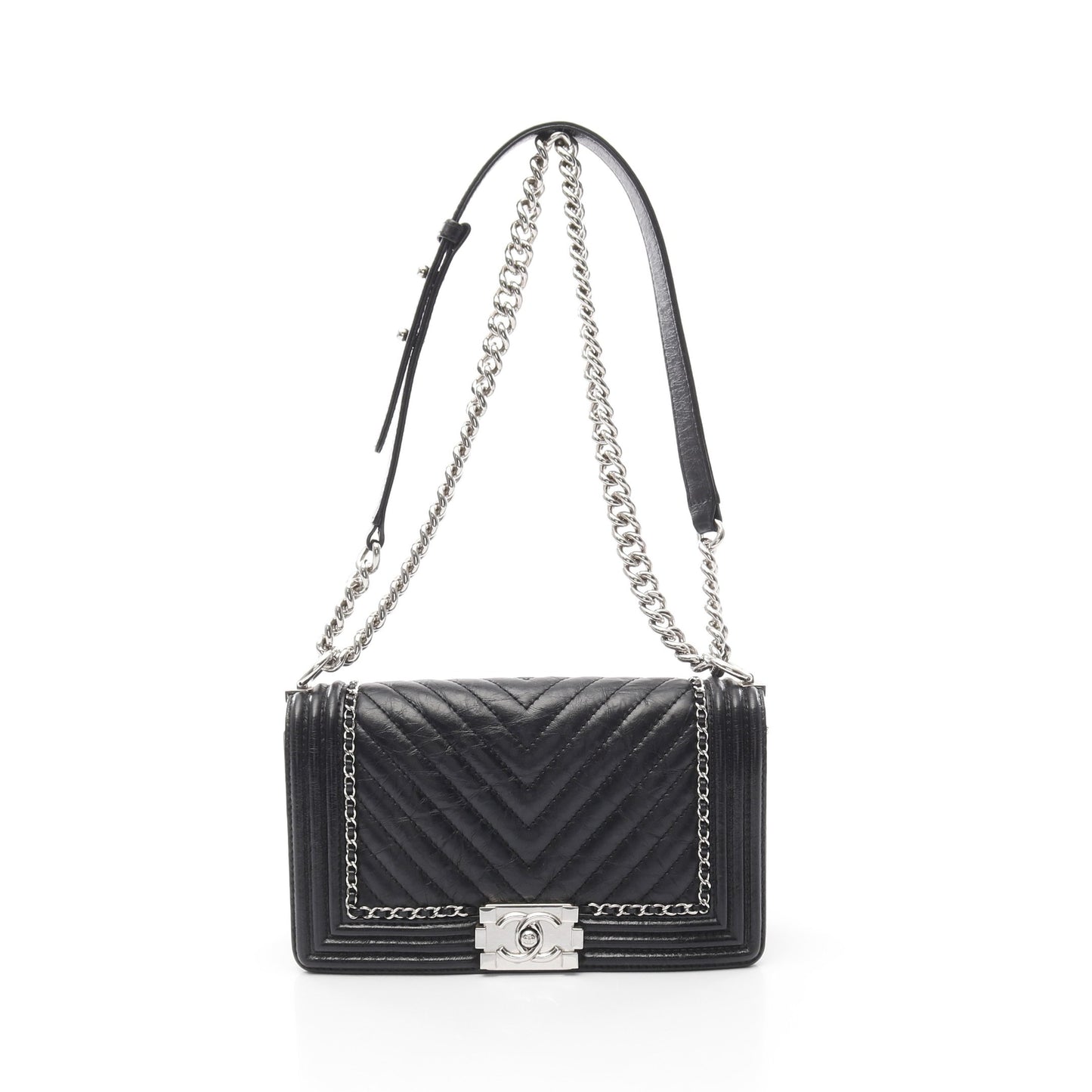 ボーイシャネル シェブロン Vステッチ チェーンショルダーバッグ レザー ブラック シルバー金具 シャネル バッグ CHANEL