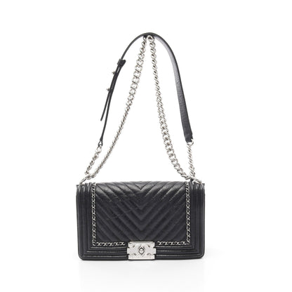 ボーイシャネル シェブロン Vステッチ チェーンショルダーバッグ レザー ブラック シルバー金具 シャネル バッグ CHANEL