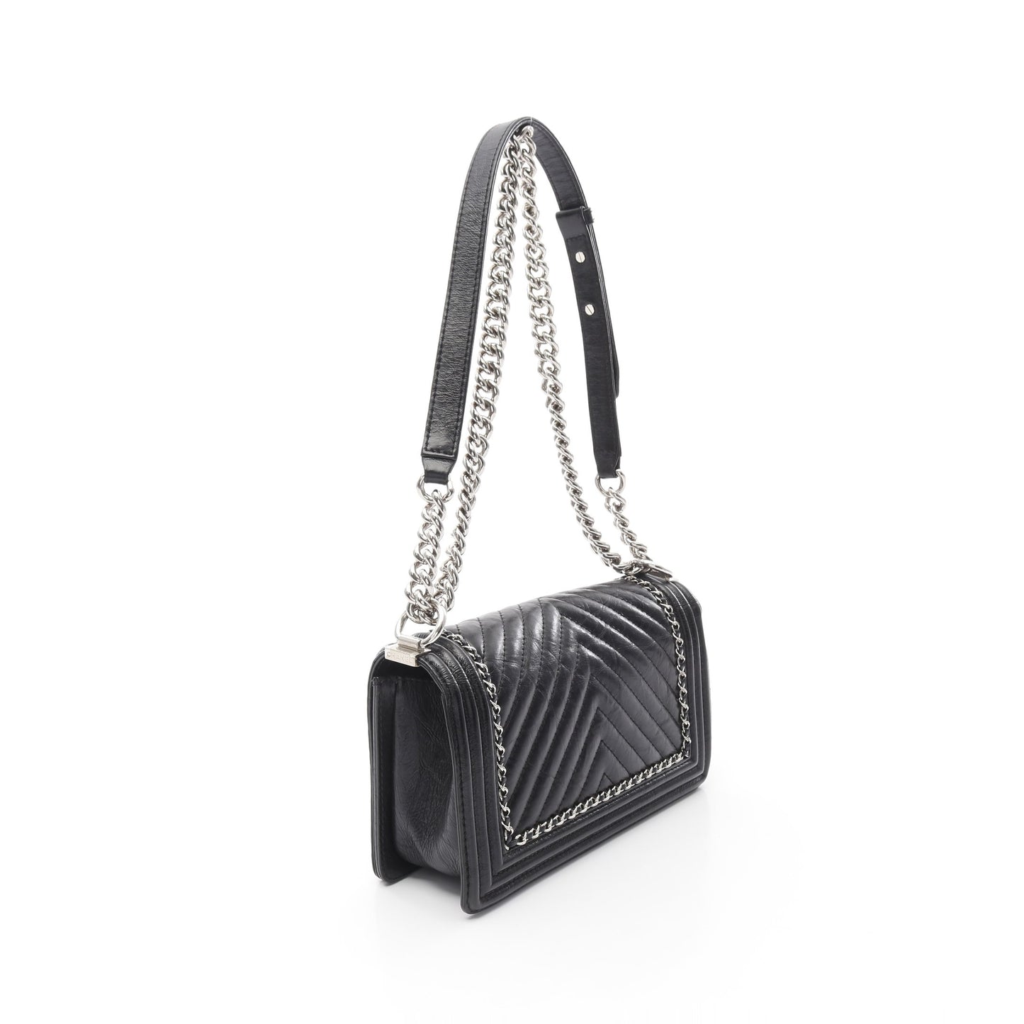ボーイシャネル シェブロン Vステッチ チェーンショルダーバッグ レザー ブラック シルバー金具 シャネル バッグ CHANEL