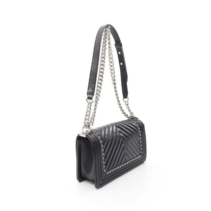ボーイシャネル シェブロン Vステッチ チェーンショルダーバッグ レザー ブラック シルバー金具 シャネル バッグ CHANEL