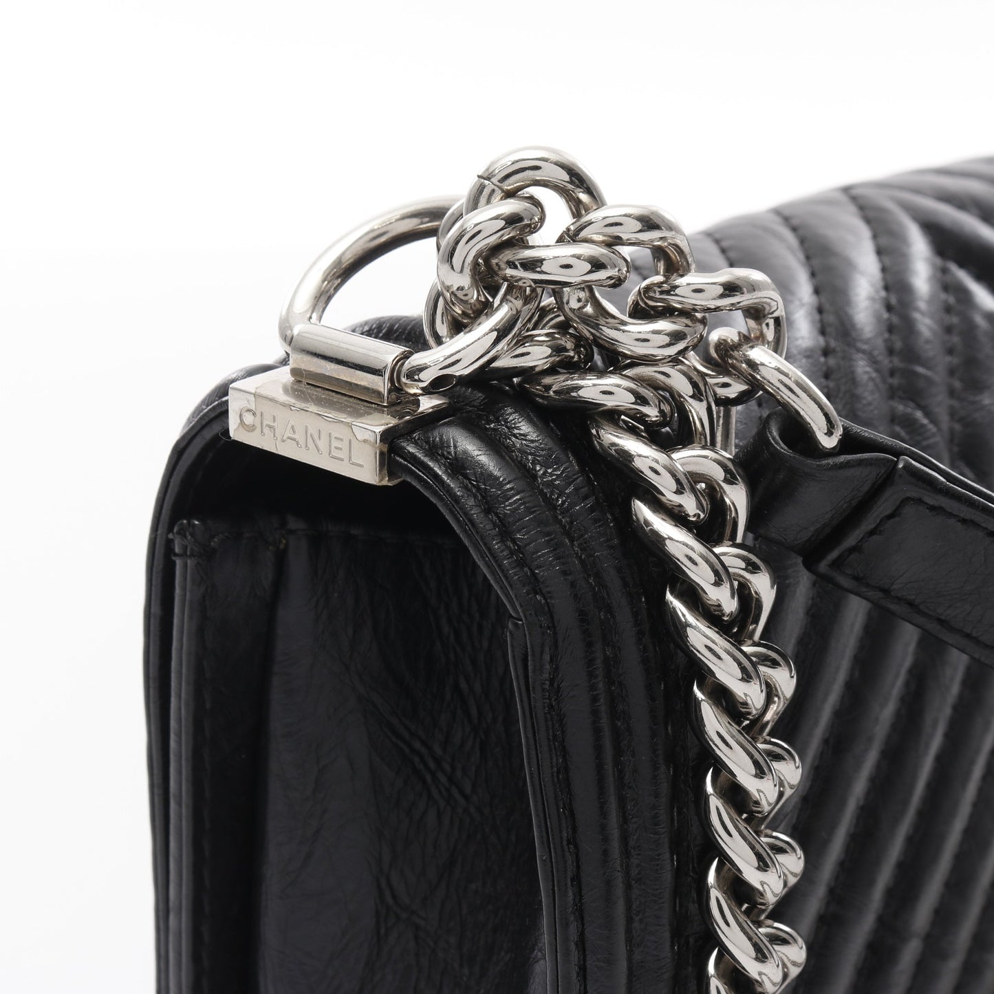 ボーイシャネル シェブロン Vステッチ チェーンショルダーバッグ レザー ブラック シルバー金具 シャネル バッグ CHANEL