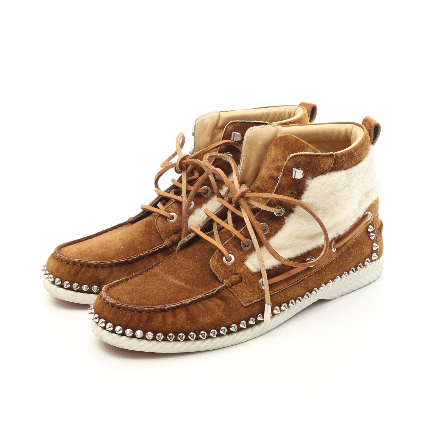 TORONT FLAT スパイクスタッズ モカシン ブーツ スエード ムートン ブラウン オフホワイト クリスチャンルブタン シューズ Christian Louboutin