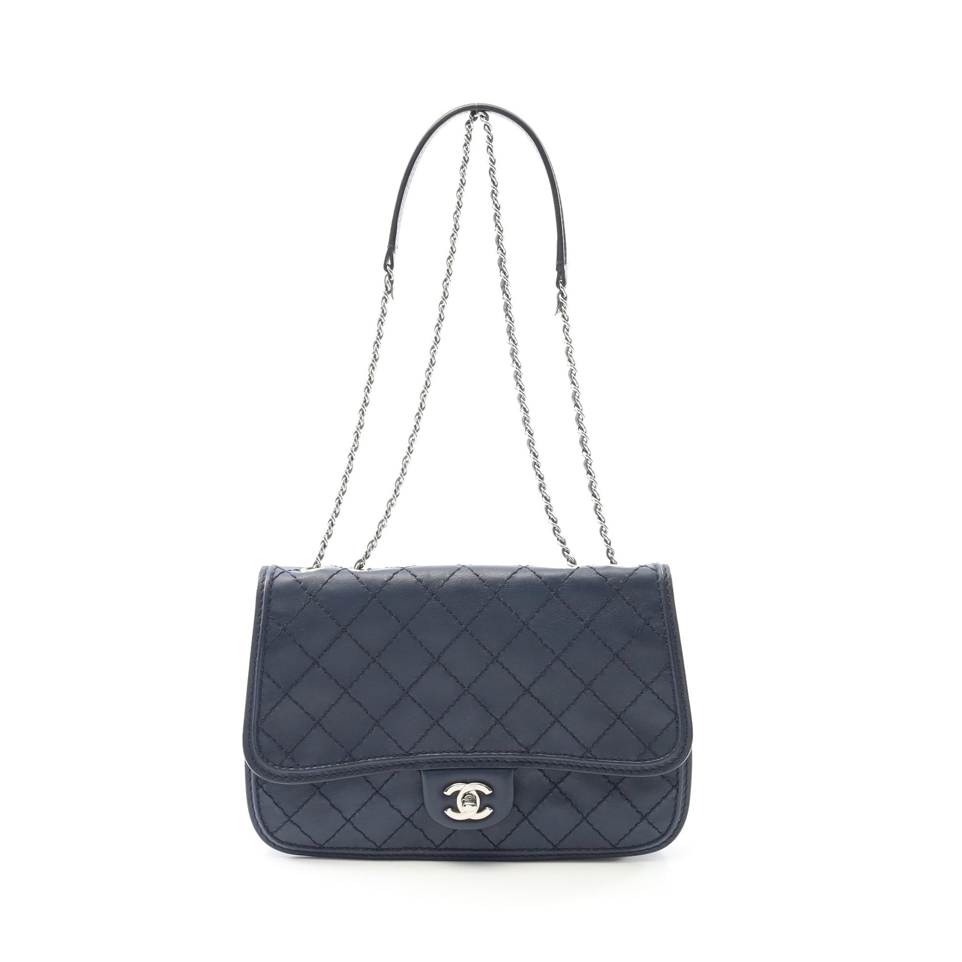 ワイルドステッチ チェーンショルダーバッグ レザー ネイビー シルバー金具 シャネル バッグ CHANEL