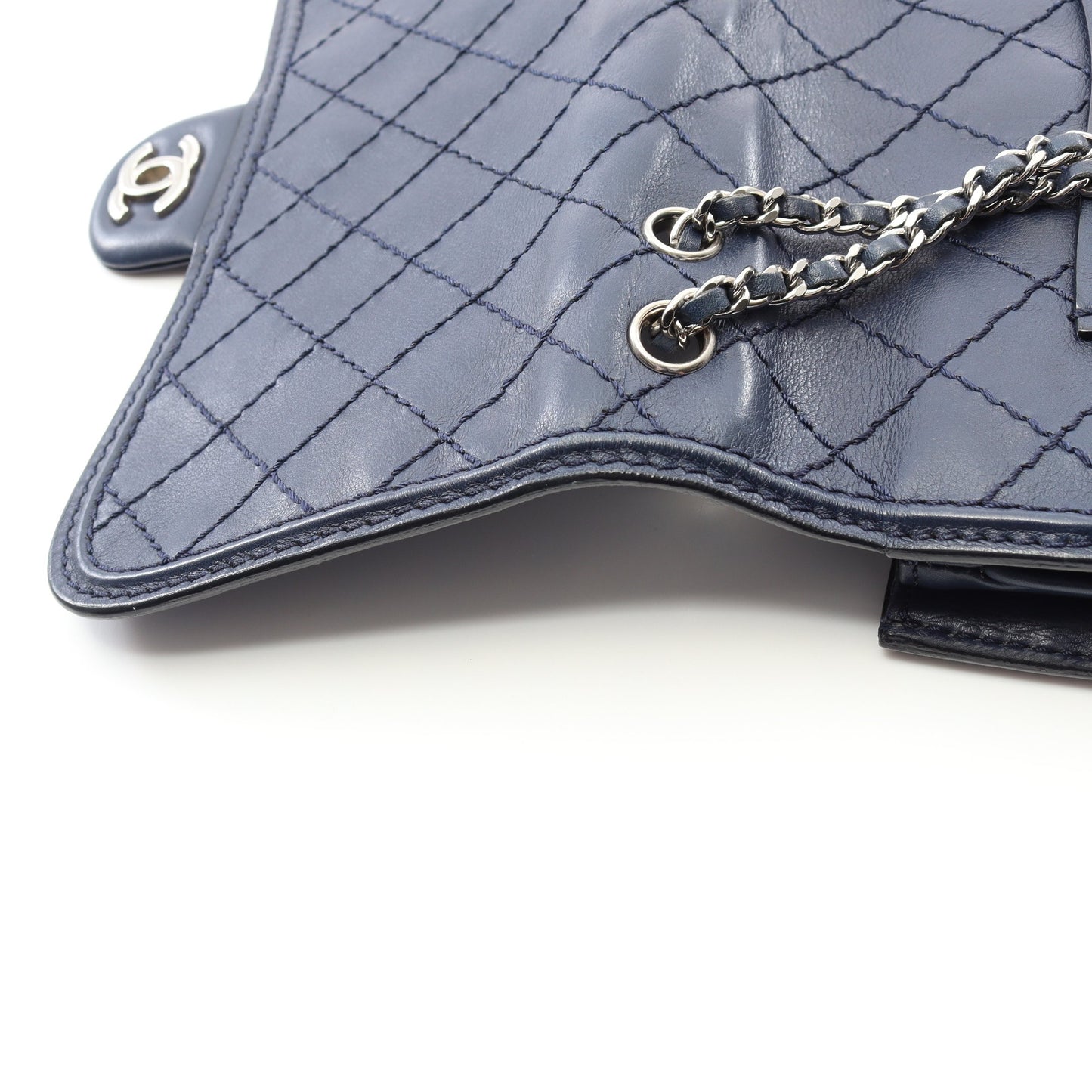 ワイルドステッチ チェーンショルダーバッグ レザー ネイビー シルバー金具 シャネル バッグ CHANEL