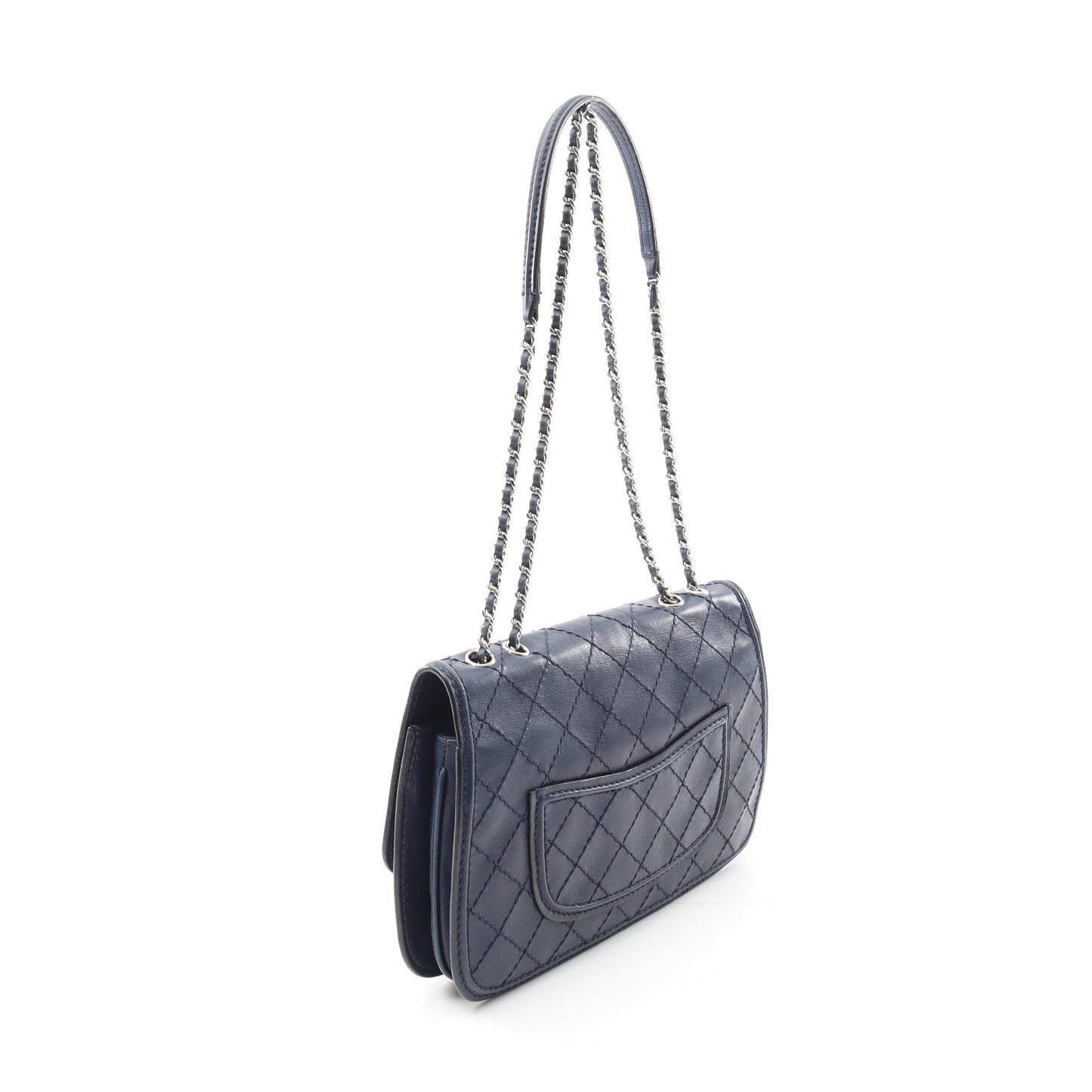 ワイルドステッチ チェーンショルダーバッグ レザー ネイビー シルバー金具 シャネル バッグ CHANEL