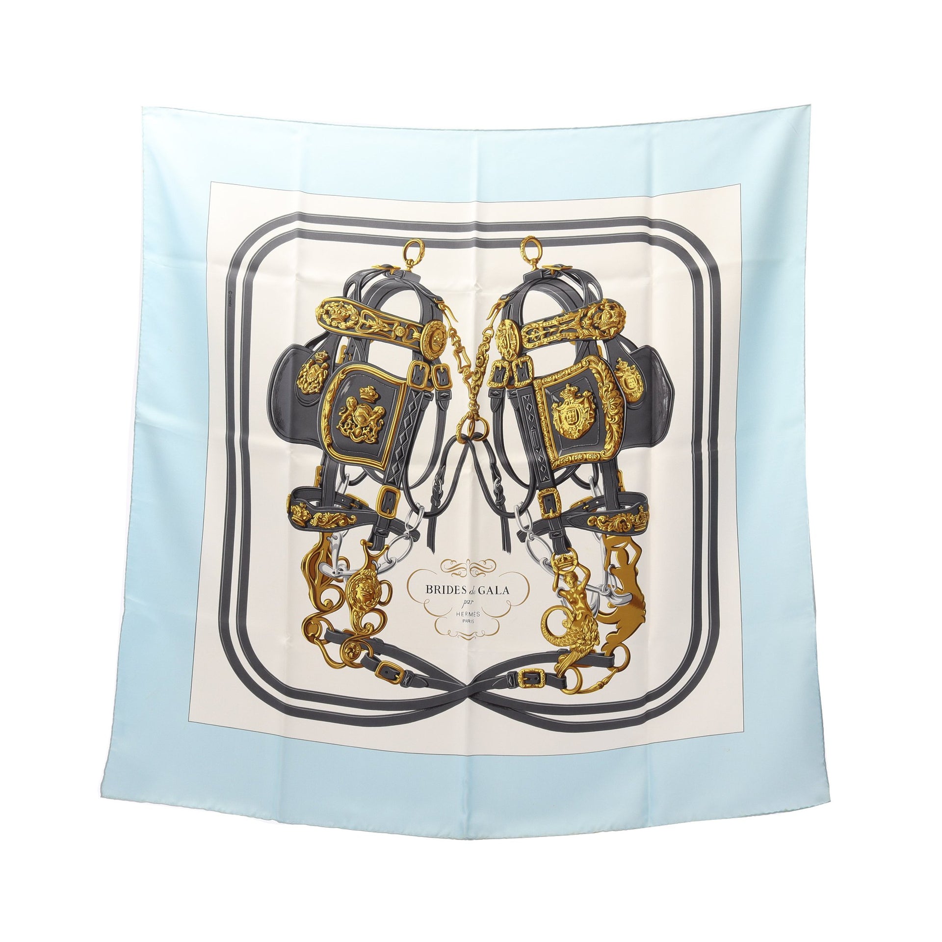 カレ90 BRIDES de GALA スカーフ シルク ライトブルー グレー マルチ  