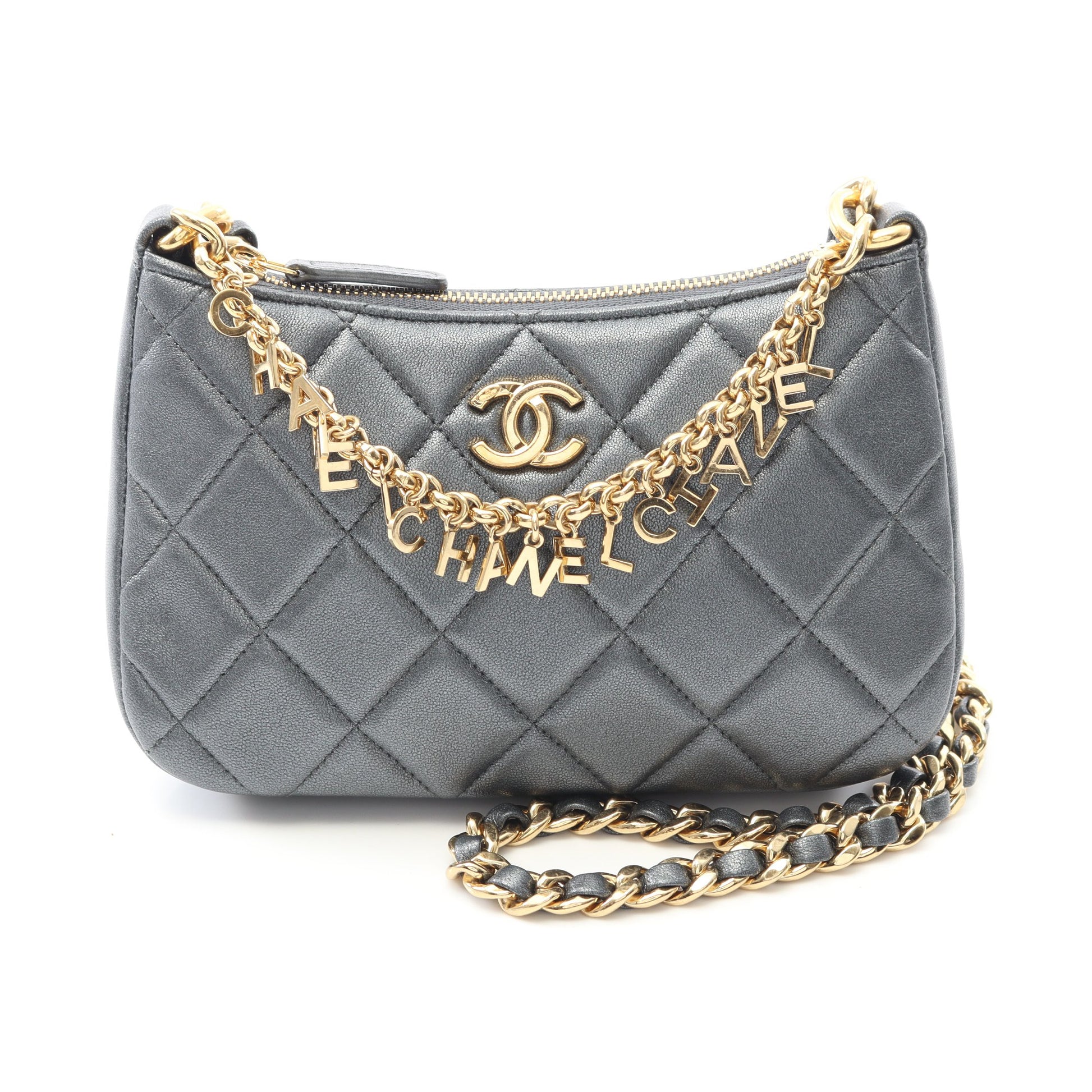 マトラッセ チェーンショルダーバッグ レザー グレー ゴールド金具 シャネル バッグ CHANEL