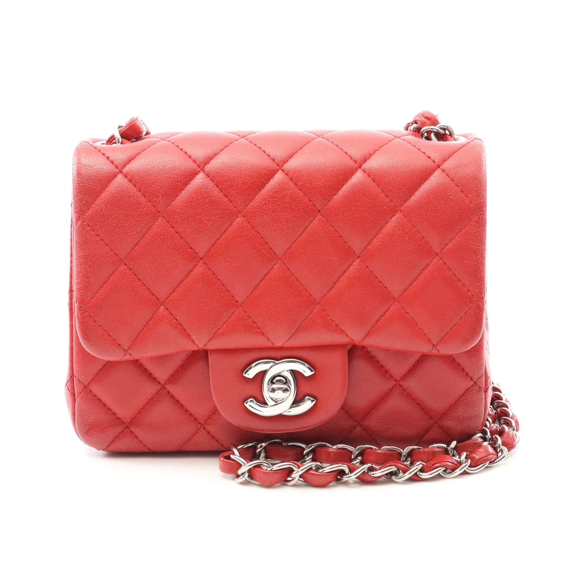 ミニマトラッセ チェーンショルダーバッグ ラムスキン レッド シルバー金具 シャネル バッグ CHANEL
