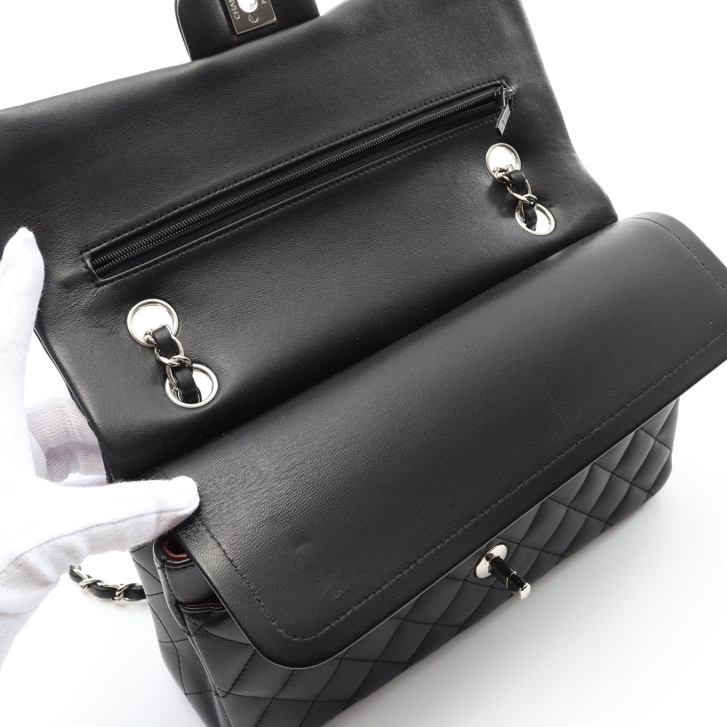 マトラッセ Wフラップ Wチェーンショルダーバッグ ラムスキン ブラック シルバー金具 シャネル バッグ CHANEL