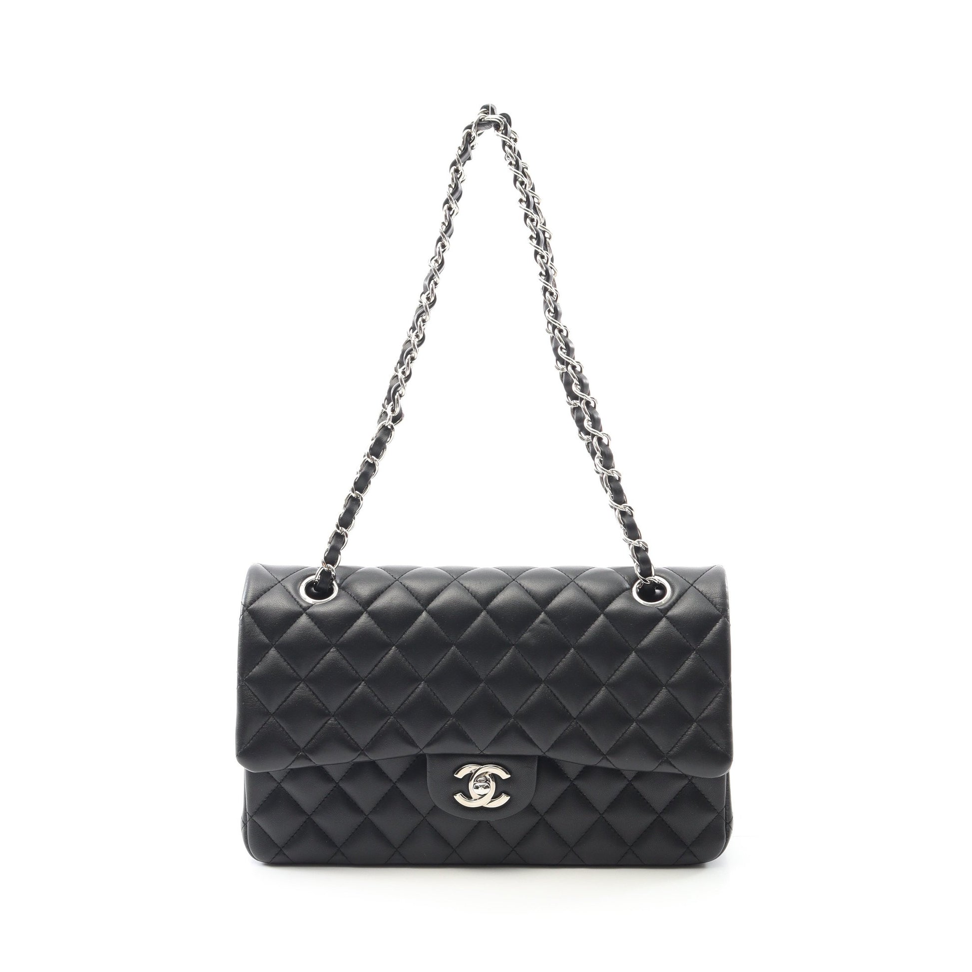 マトラッセ Wフラップ Wチェーンショルダーバッグ ラムスキン ブラック シルバー金具 シャネル バッグ CHANEL