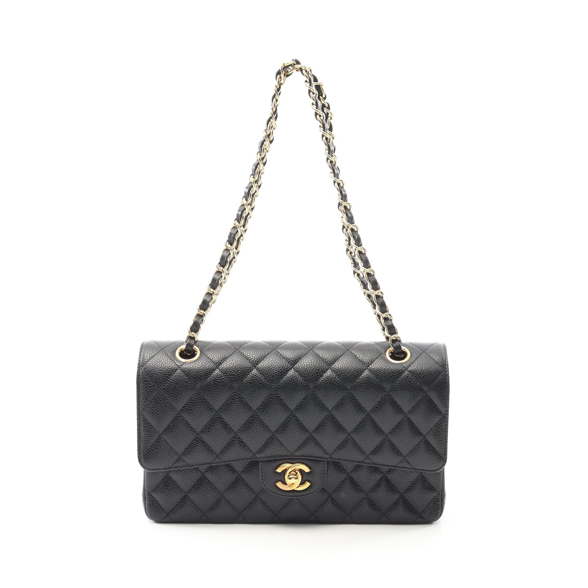 マトラッセ Wフラップ Wチェーンショルダーバッグ キャビアスキン ブラック ゴールド金具 シャネル バッグ CHANEL