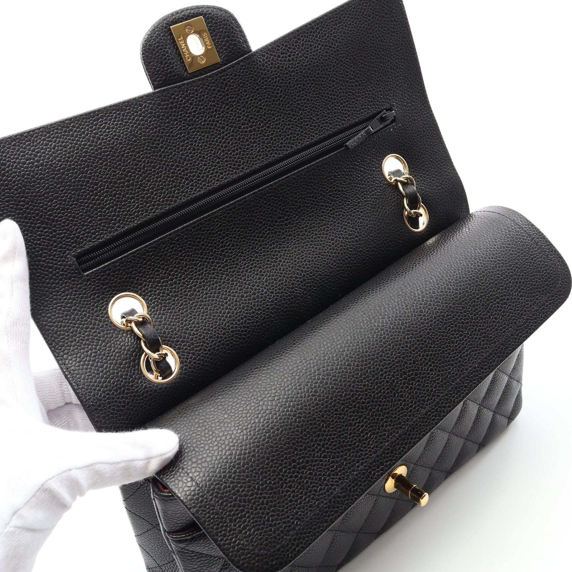 マトラッセ Wフラップ Wチェーンショルダーバッグ キャビアスキン ブラック ゴールド金具 シャネル バッグ CHANEL