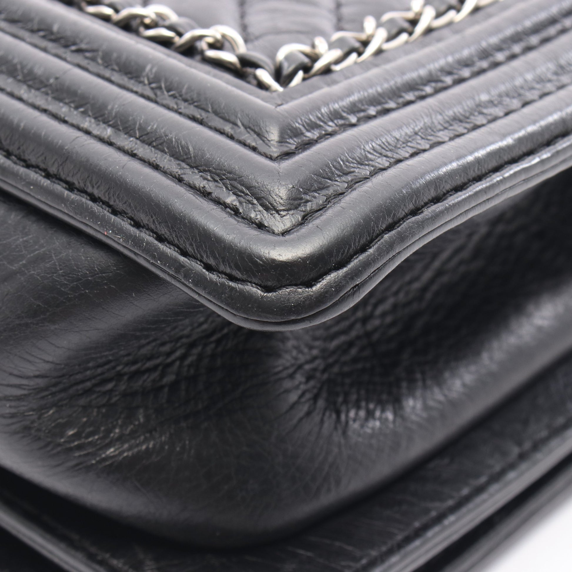 ボーイシャネル チェーンショルダーバッグ エイジドカーフスキン ブラック シルバー金具 シャネル バッグ CHANEL