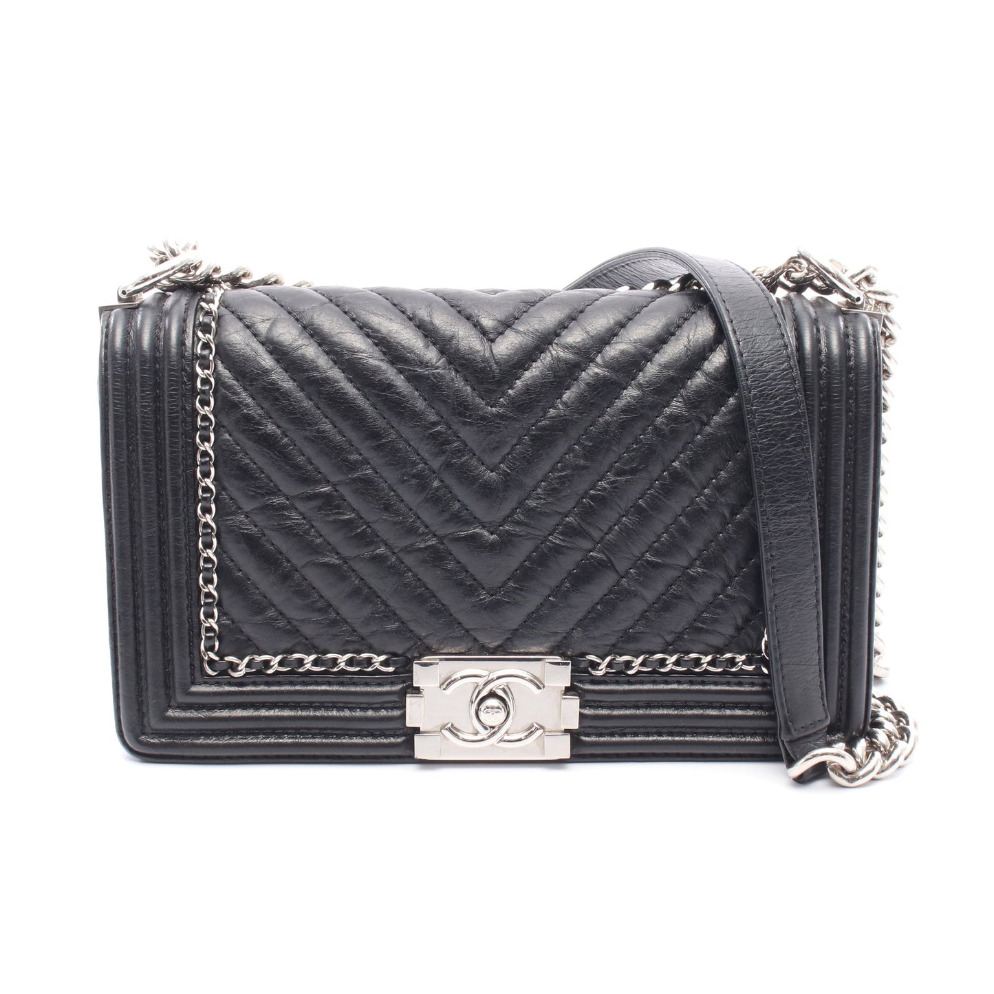 ボーイシャネル チェーンショルダーバッグ エイジドカーフスキン ブラック シルバー金具 シャネル バッグ CHANEL