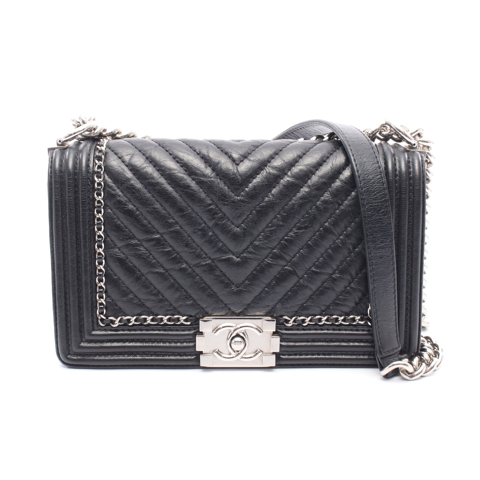 ボーイシャネル チェーンショルダーバッグ エイジドカーフスキン ブラック シルバー金具 シャネル バッグ CHANEL