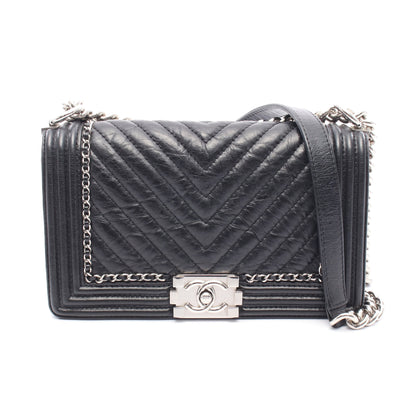 ボーイシャネル チェーンショルダーバッグ エイジドカーフスキン ブラック シルバー金具 シャネル バッグ CHANEL