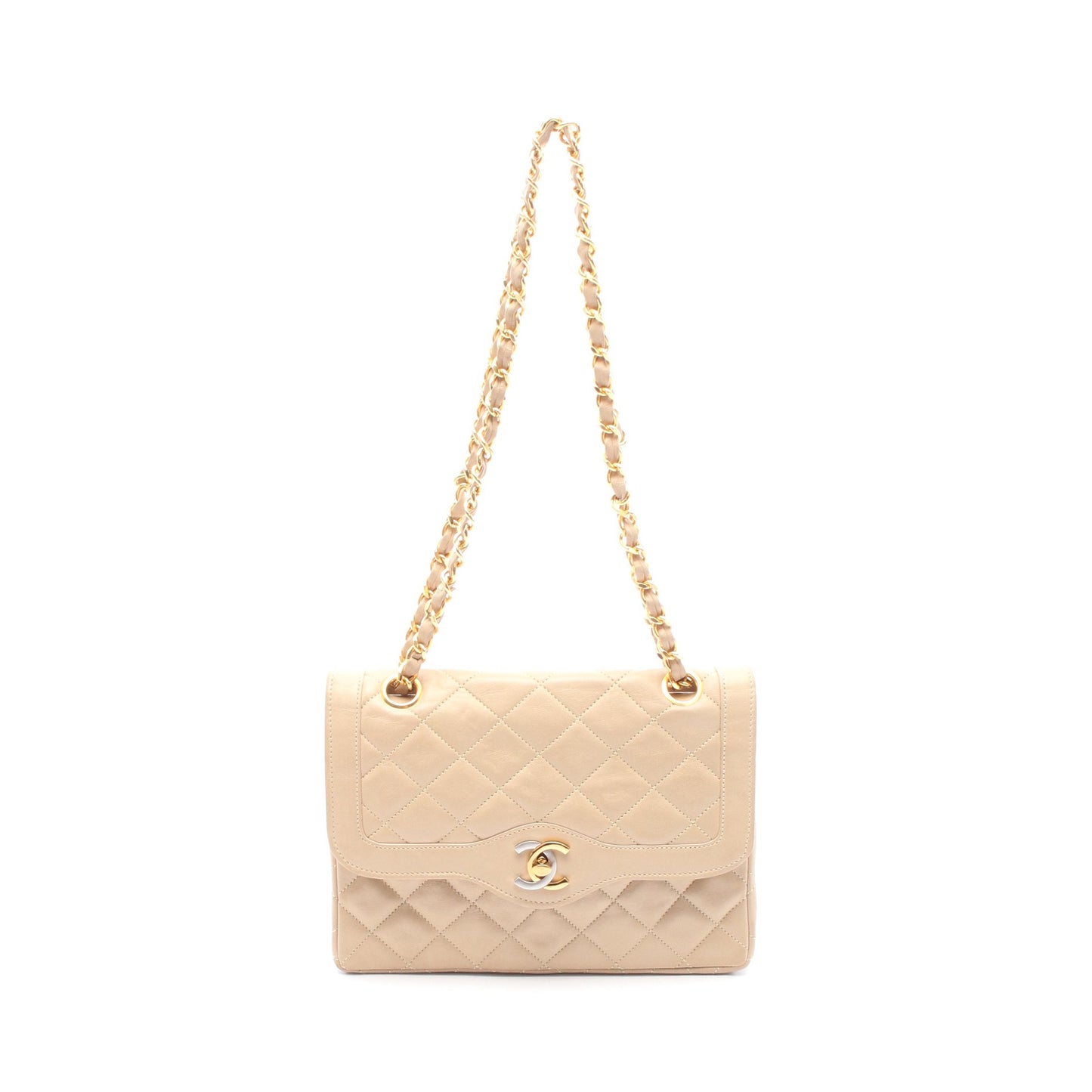 マトラッセ パリ限定 Wフラップ Wチェーンショルダーバッグ レザー ベージュ コンビ金具 シャネル バッグ CHANEL