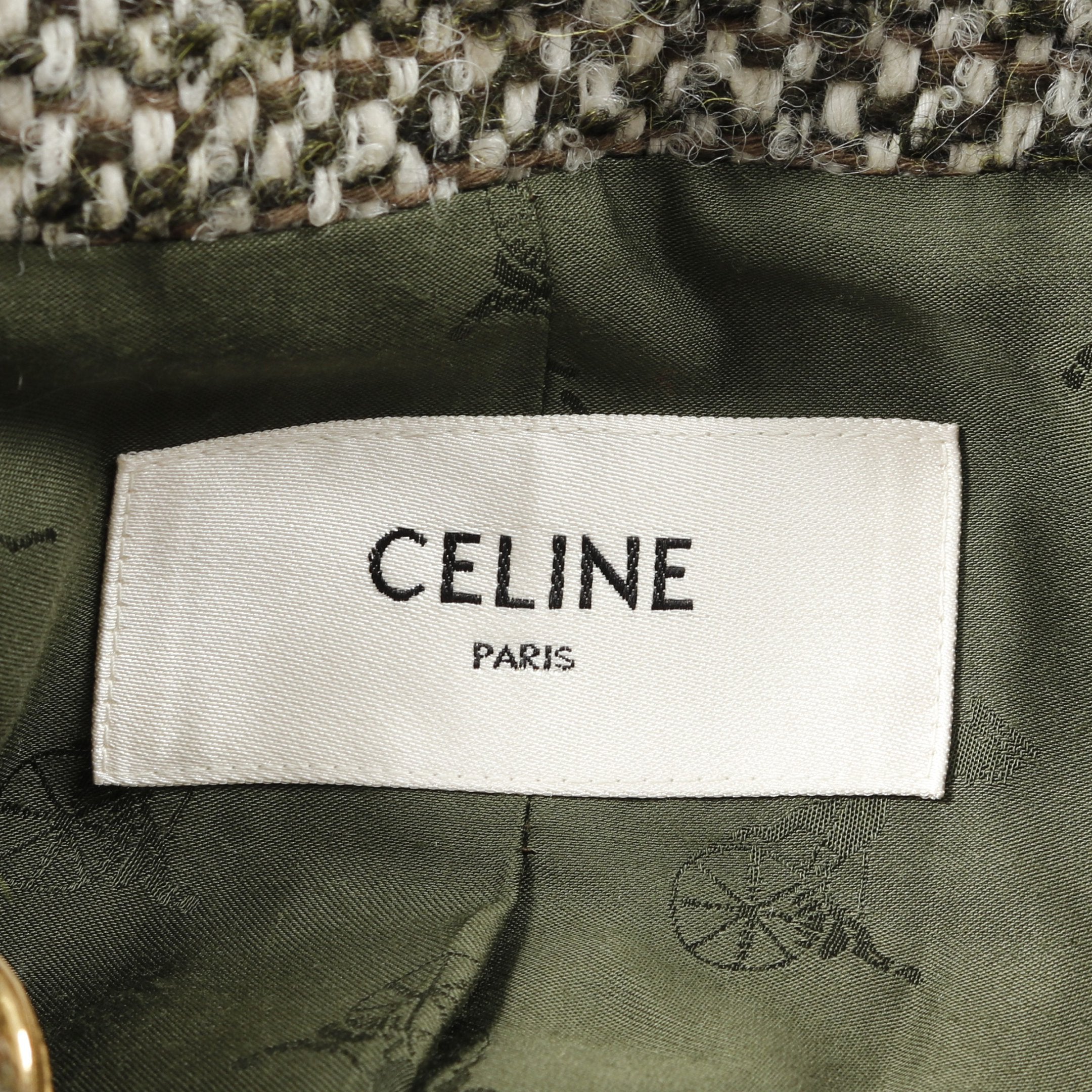 CELINE ライトグリーン　ツイード　ノーカラージャケット タグ付き　38 ツイード ノーカラージャケット ウール モヘヤ グレーグリーン