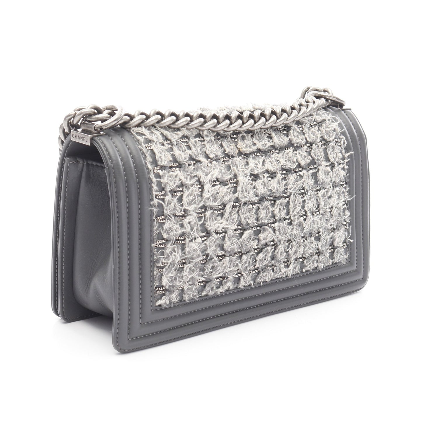 ボーイシャネル チェーンショルダーバッグ ツイード レザー グレー アンティークシルバー金具 シャネル バッグ CHANEL