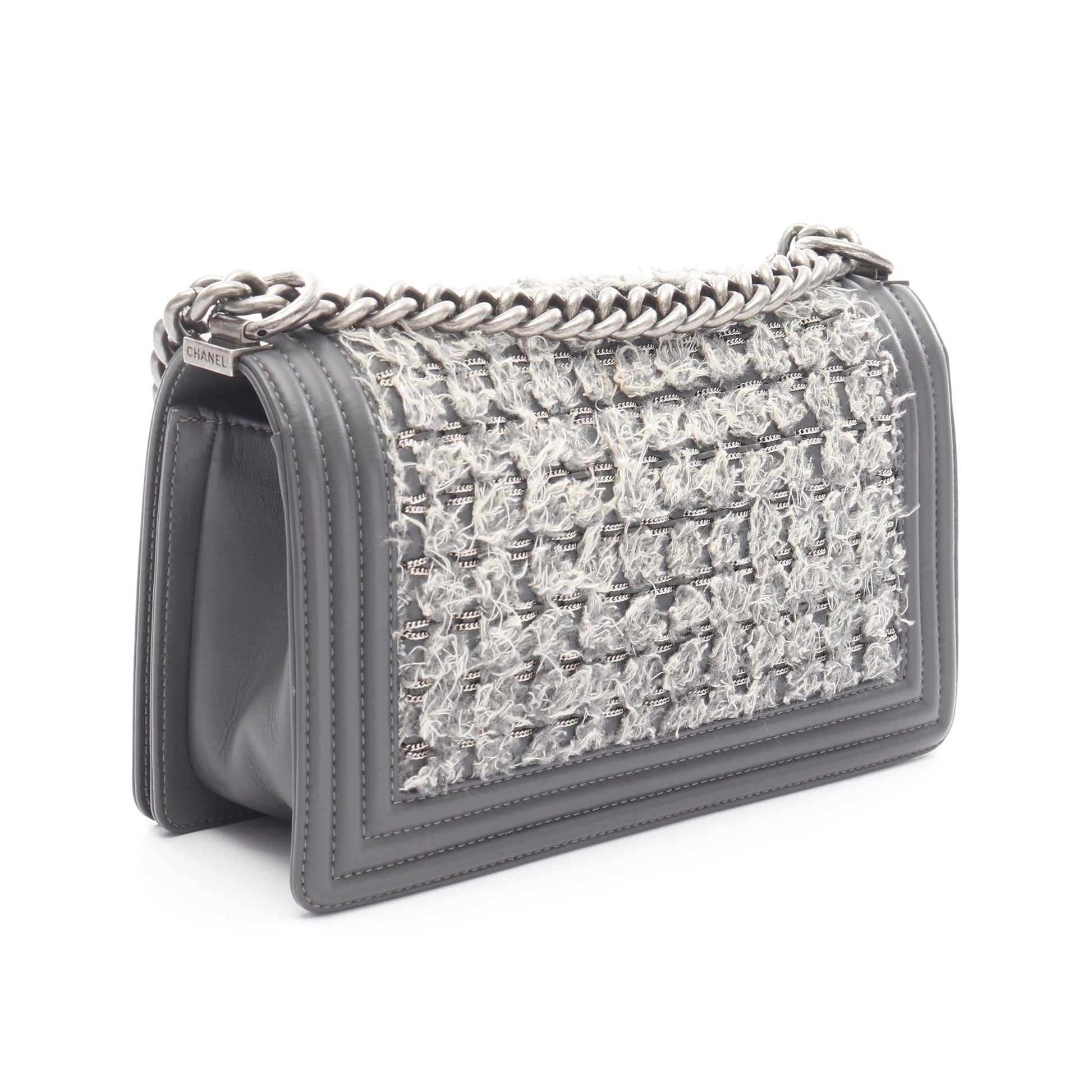 ボーイシャネル チェーンショルダーバッグ ツイード レザー グレー アンティークシルバー金具 シャネル バッグ CHANEL